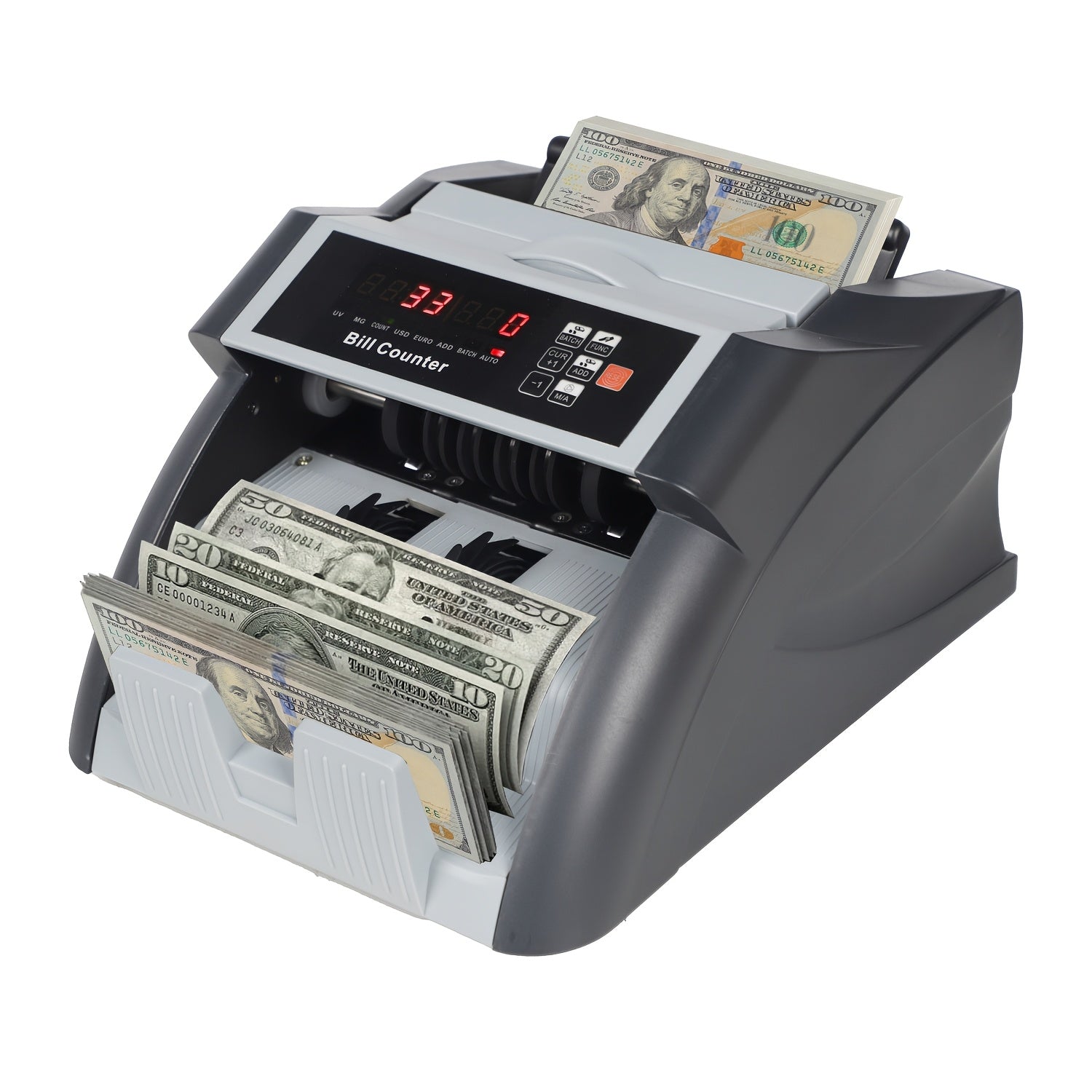 XR598 Money Counter-Supports USD & EUR, MG/UV Detection Bill Counter, Multiple Counting Modes, Manual/Auto Operation, 1000 Bills/Min, Compact Design with Adjustable Settings
