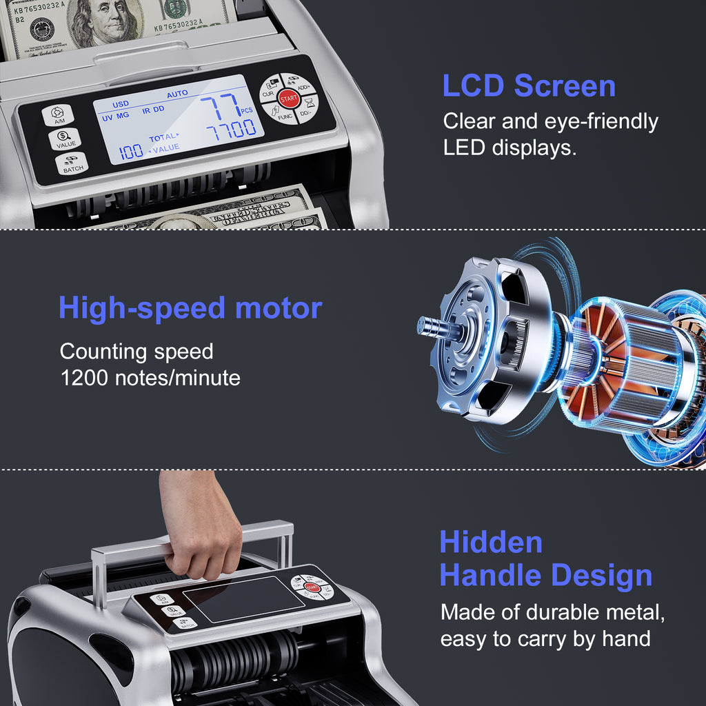 Money Counter Machine, Dollar, Euro Value Count UV/MG/IR/DD/VI/FA Pro Grade Cash Counterfeit Detectors with Backlit LCD Display, Add/Batch/Auto/Manual Modes Money Counting Machine