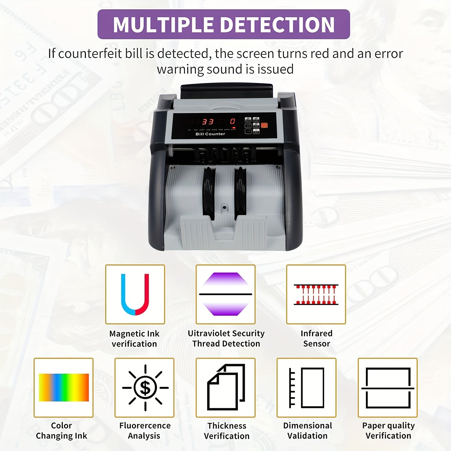 XR598 Money Counter-Supports USD & EUR, MG/UV Detection Bill Counter, Multiple Counting Modes, Manual/Auto Operation, 1000 Bills/Min, Compact Design with Adjustable Settings