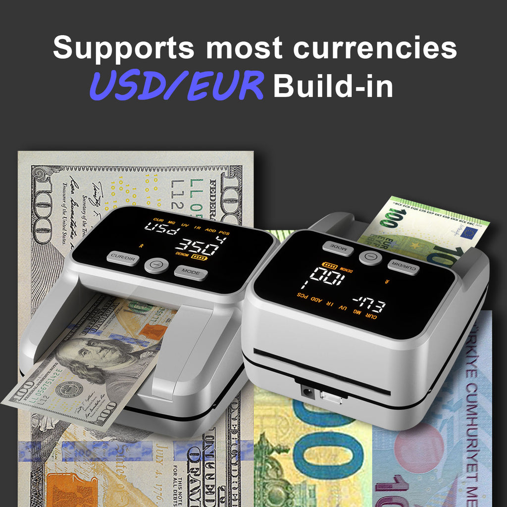 Portable Counterfeit Money Detector with MG/UV/IR Detection | 2.8" LED Display & Compact Design for USD, EUR | Rechargeable Battery for Home, Travel, Retail Business