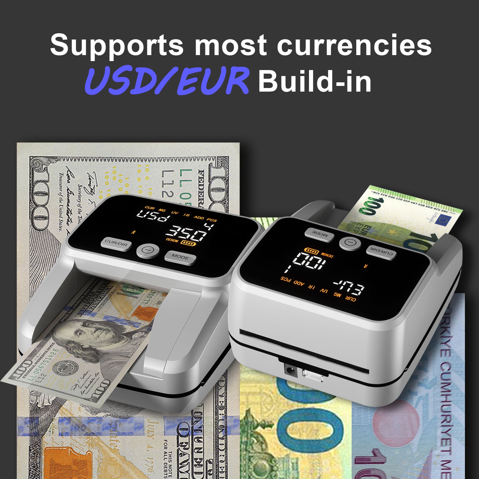 Portable Counterfeit Money Detector with MG/UV/IR Detection | 2.8" LED Display & Compact Design for USD, EUR | Rechargeable Battery for Home, Travel, Retail Business
