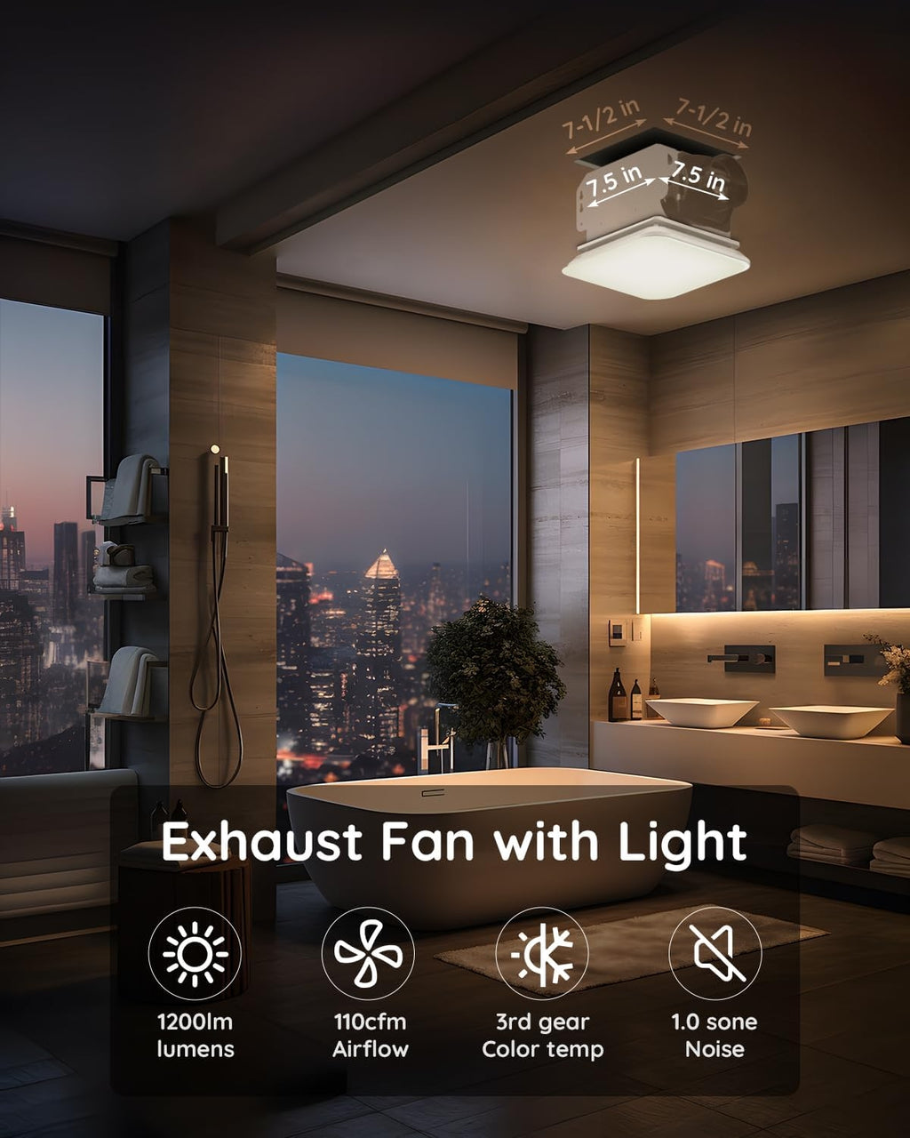 Fitop Bathroom Exhaust Fan with Light, 110 CFM 43W 1200LM Ceiling Mount Shower Ventilation Exhaust with Light, 1.0 Sones Bathroom Vent with Light, Bathroom Fan LED Light 3000K/4000K/5000K