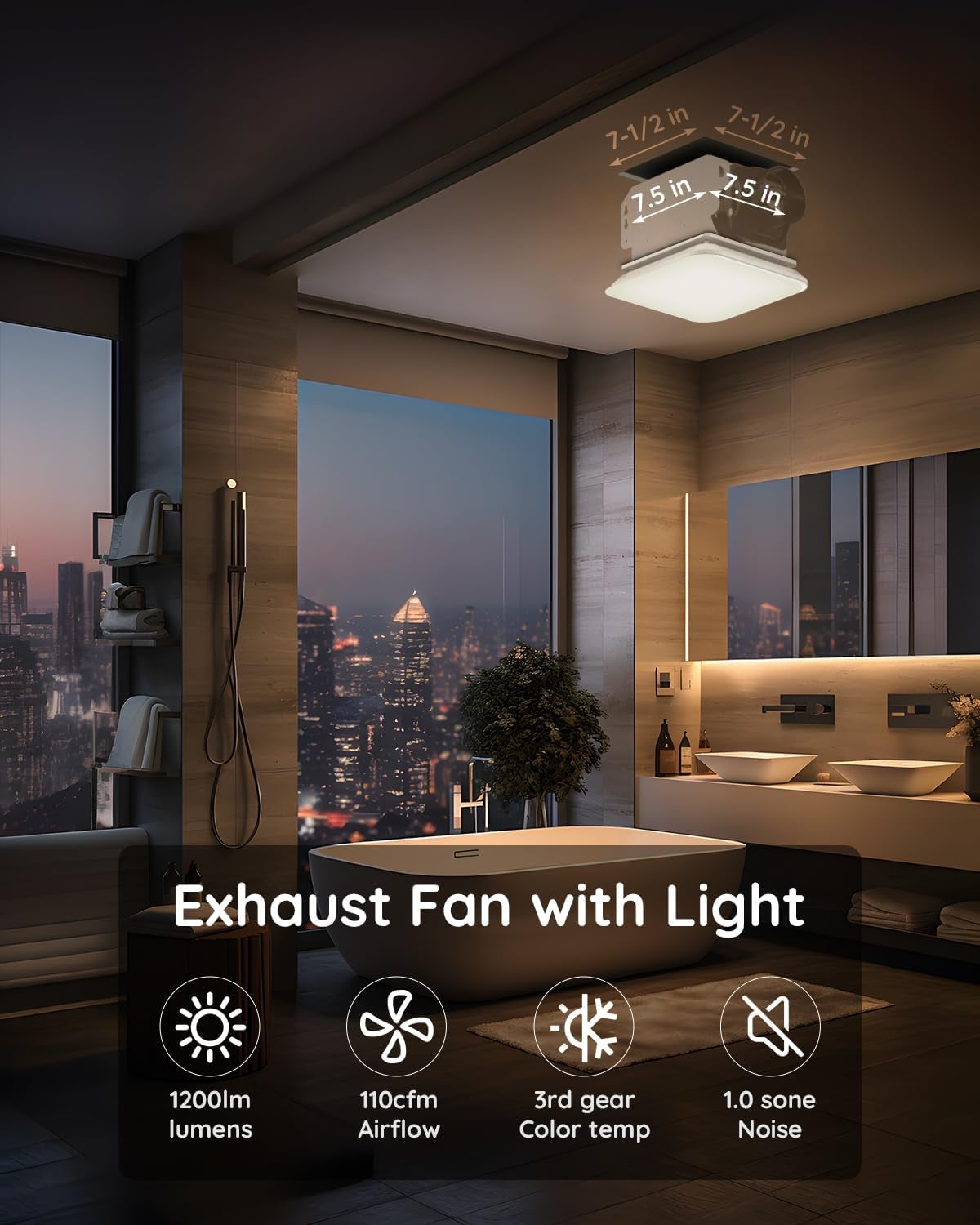 Fitop Bathroom Exhaust Fan with Light, 110 CFM 43W 1200LM Ceiling Mount Shower Ventilation Exhaust with Light, 1.0 Sones Bathroom Vent with Light, Bathroom Fan LED Light 3000K/4000K/5000K