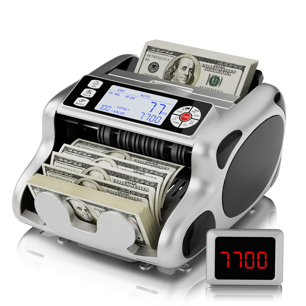 Money Counter Machine, Dollar, Euro Value Count UV/MG/IR/DD/VI/FA Pro Grade Cash Counterfeit Detectors with Backlit LCD Display, Add/Batch/Auto/Manual Modes Money Counting Machine
